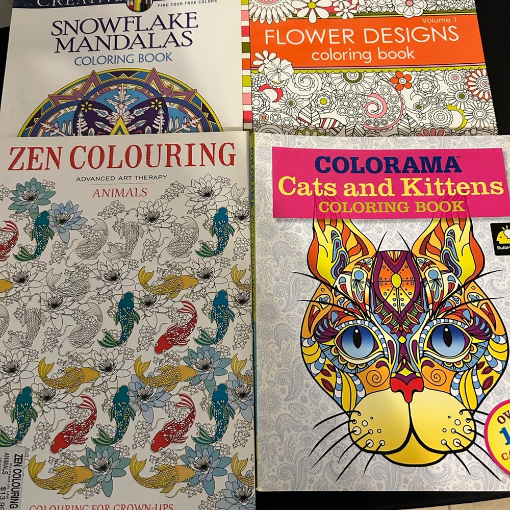 4 Adult Coloring Books- Animals, Flowers, Cats And Kittens, Mandalas/All New